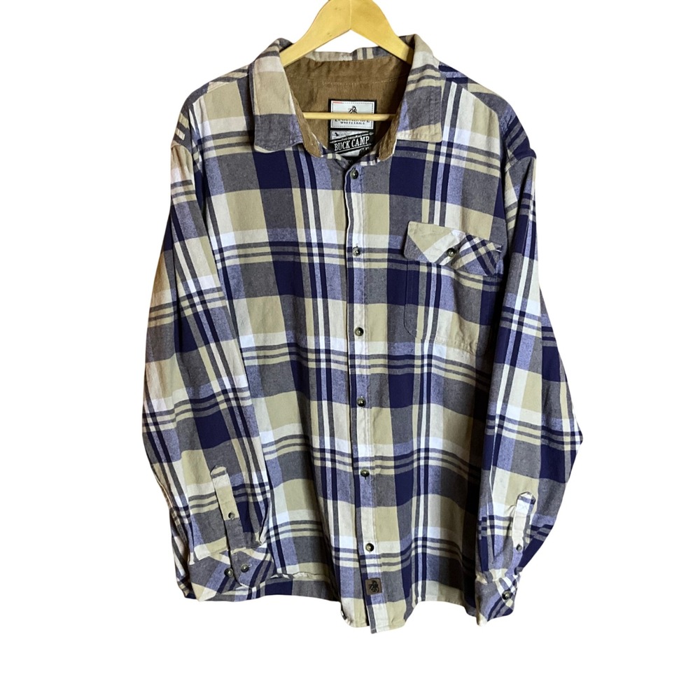 Legendary Whitetails Buck Camp Plaid Flannel Shirt Men's 2XL Blue Tan Streetwear